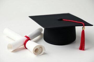 Sleek black graduation cap with vibrant red tassel atop neatly tied diploma , diploma, formal