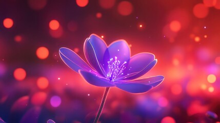 Glowing purple flower, red bokeh background; fantasy art, website design