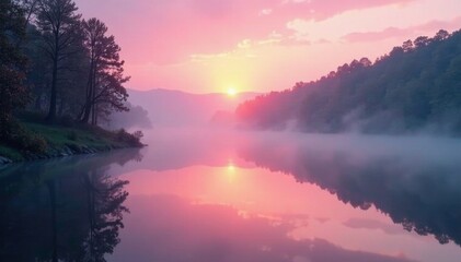 Fototapeta premium Soft pink mist rises over tranquil Grand River, peaceful, sunrise, calm
