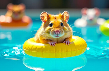A cheerful hamster relaxes in a yellow float, enjoying the warm sun and refreshing water on a bright day