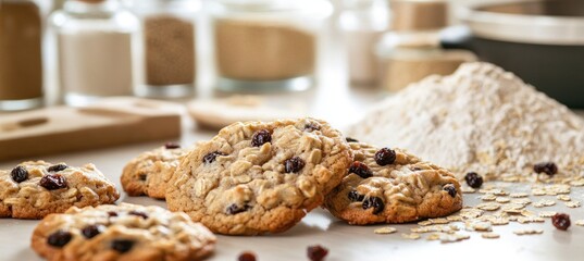 Freshly baked oatmeal raisin cookies on kitchen counter