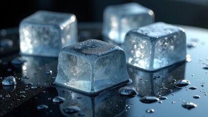 Fresh ice cubes melting on a dark reflective surface with scattered water droplets	