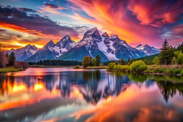 Fototapeta premium Majestic Sunset Snow Mountain River Landscape - Long Exposure Photography