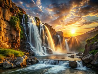 Fototapeta premium Majestic Sunset Waterfall: Golden Hour Cascade Over Rocky Cliff