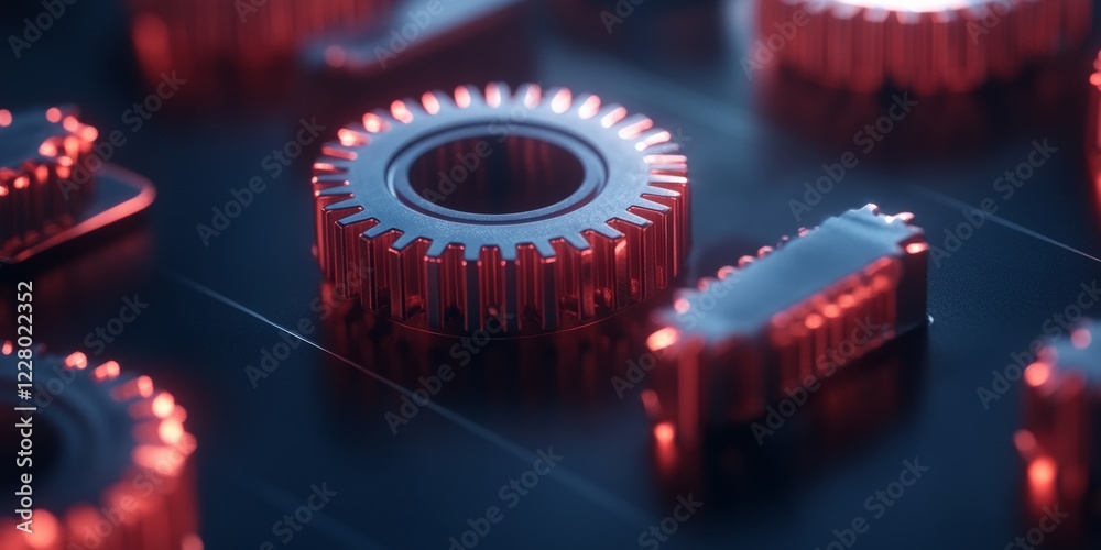 Poster Futuristic Industrial Precision Metallic Gear Structures and Robotics Components in Neon Light - Cutting-Edge Tech Display for Innovation in Manufacturing Systems