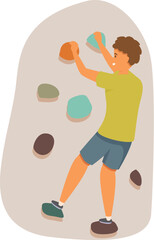 Sportsman training, enjoying active leisure and bouldering, climbing wall in gym