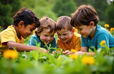 kids planting in garden, four children happily planting small plant together in lush green garden - concept of nature connection, teamwork, joyful gardening