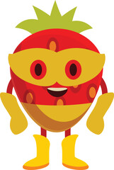 Cartoon illustration of a happy strawberry superhero wearing a mask and boots, promoting healthy eating habits and fun for children
