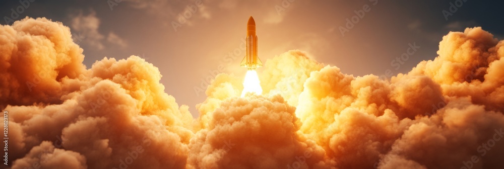 Poster dynamic aerospace visual space shuttle liftoff amidst fiery clouds - advanced propulsion marketing a