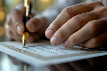 Close-up of hands writing with a gold-trimmed fountain pen on an elegant document, symbolizing commitment, agreement, or celebration.

