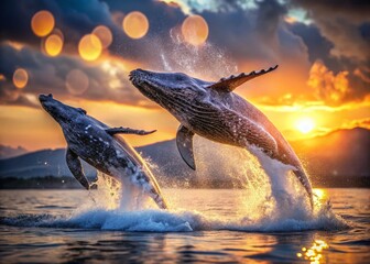Fototapeta premium Majestic Whales Breaching Together in Ocean, Bokeh Effect Stock Photo