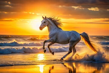 Majestic White Horse Silhouette Running on Sunny Beach