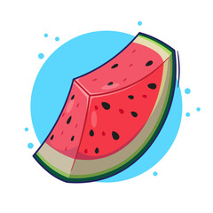 Fresh ripe watermelon fruit slice cartoon illustration with black seeds inside. Cute cartoon with flat style concept