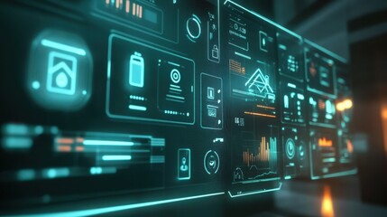 Fototapeta premium A computer monitor displays a variety of icons and numbers