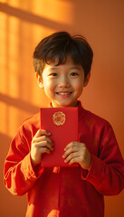 Smiling chinese boy holding red envelope against warm orange background, Chinese New Year