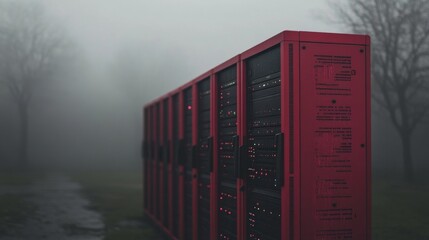 Red server racks in foggy outdoor setting.