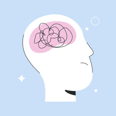 Confusion and tangled thoughts in human head, looks like brain concept. Anxious person suffering from chaotic thinking, personality disorder and overload in mind, flat vector isolated illustration