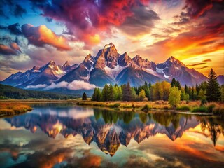 Fototapeta premium Majestic Wyoming & Montana Mountain Double Exposure: Dramatic Peaks & Serene Skies