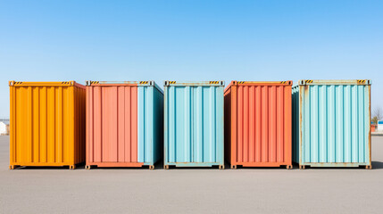 Multi-colored shipping containers in row. Suitable for logistics and transport themes.