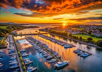 Fototapeta premium Malahide Marina Sunset: Aerial Dublin Harbour Panorama, Golden Hour Ireland