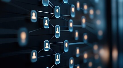 Business network visual with social media icons in a blurred office, highlighting connectivity and innovation.