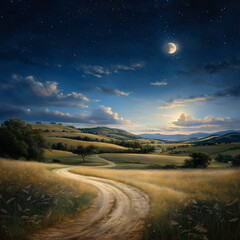serene landscape with winding road under starry night sky