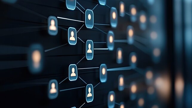 Business network visual with social media icons in a blurred office, highlighting connectivity and innovation.