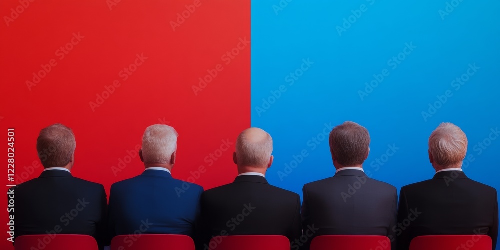 Poster dynamic business symposium men in suits against bold red-blue background - thought leadership conten