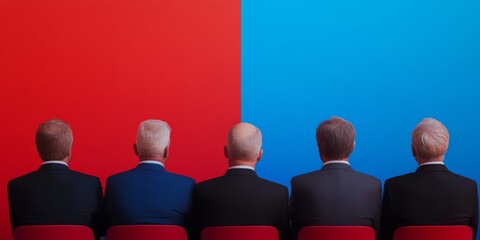 Dynamic Business Symposium Men in Suits Against Bold Red-Blue Background - Thought Leadership Content and Strategic Forum Branding for Professional Networking