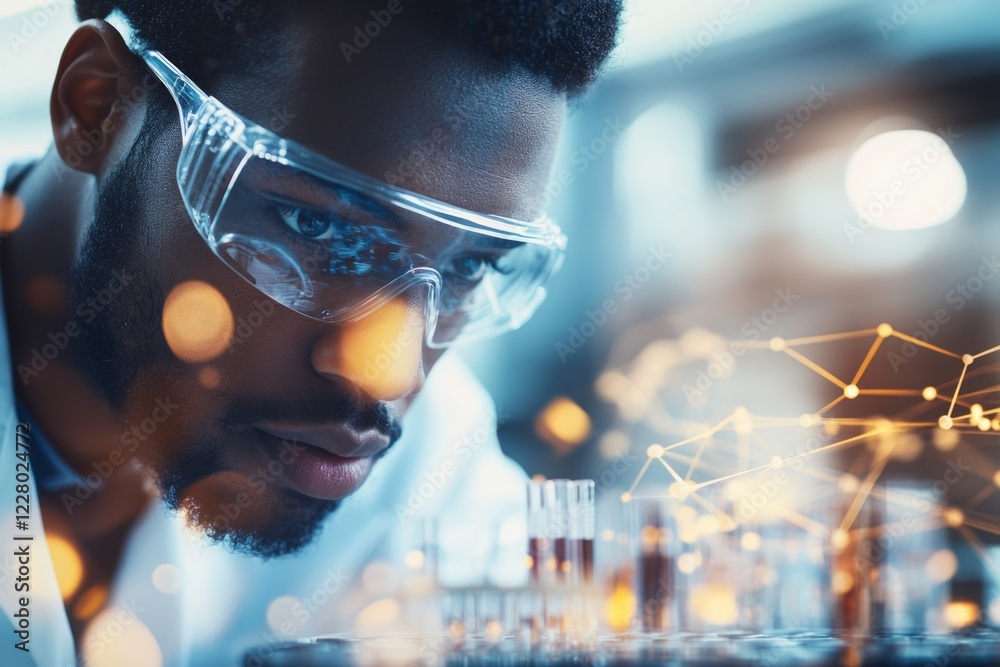 Aufkleber a scientist in a lab, overseeing a team conducting experiments, with microscopes and test tubes on t