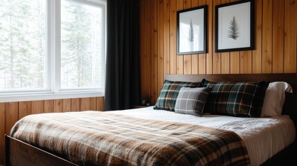 Cozy bedroom with wooden walls, plaid bedding, and framed nature art, showcasing a serene winter landscape outside