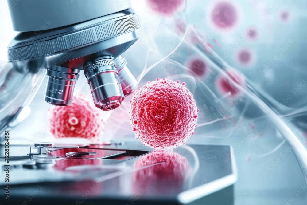 Poster A scientist peering into a microscope, identifying cells with vibrant stains, set in a high-tech laboratory