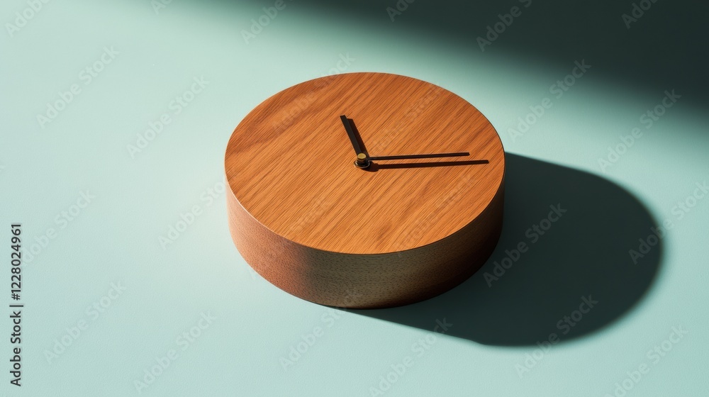 Poster stylish wooden clock showing time with a sleek design on a light blue background during daylight. ge