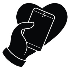 Hand holding a smartphone with a red heart icon displayed, symbolizing social media connection