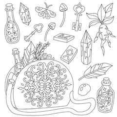 Witch bag, witchcraft items, magic vector illustration coloring page. Flat design