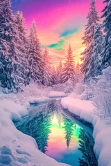 Fototapete Rund Beautiful aurora and winter landscape with snow forest. © Joyce