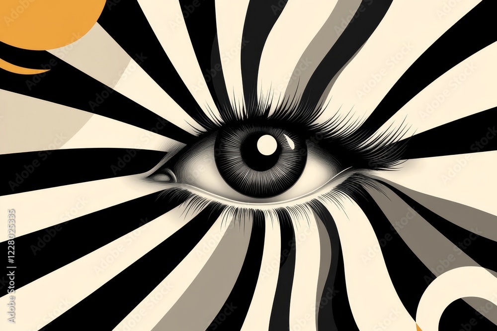 Poster A simple geometric design of an eye surrounded by concentric circles, symbolizing the act of overseeing or observation