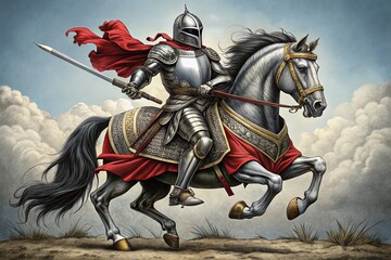 Medieval Knight Rearing Horse Engraving - Black & White Scratchboard Style Stock Photo