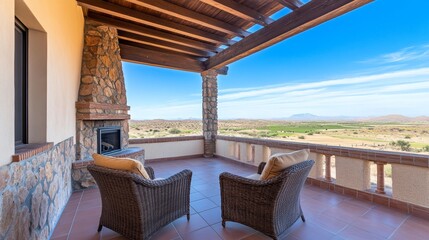 Fototapeta premium Cozy outdoor seating area with stunning mountain views, perfect for relaxation and leisure activities