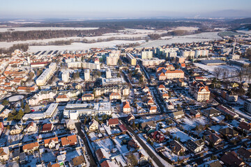 Aerial view of city in winter. Landscape under snow. Dobrany, Czech republic, European union.
