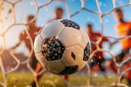A soccer player scoring a goal, with the ball opening the net as it swishes past the goalkeeper