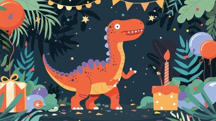 Obraz premium Cute Birthday Dinosaur Cartoon Animal Vector Illustration