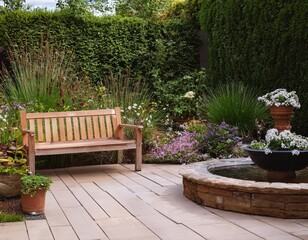 Obraz premium A cozy backyard garden with a wooden bench, blooming flowers, and a small fountain, creating a peaceful outdoor retreat.
