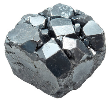 Shiny hematite mineral rock formation with metallic luster captured against a white background isolated on transparent background