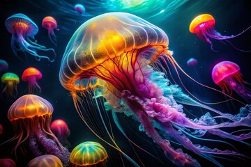 Naklejka premium Mesmerizing Colorful Jellyfish Long Exposure Underwater Photography