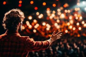 A storyteller fluently narrating a tale to an attentive audience, their hands gesturing expressively