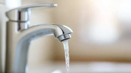 Modern faucet with running water on blurred background. Perfect for plumbing fixtures and bathroom renovation concepts.