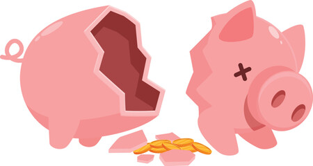 Obraz premium Broken piggy bank with coins scattered around, symbolizing financial loss and economic hardship