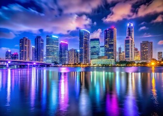 Fototapeta premium Miami Downtown Skyline Night Photography - Vibrant Cityscape at Dusk