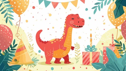 Cute Birthday Dinosaur Character Flat Vector Illustration